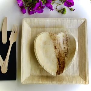Eco Friendly Palm Leaf Plate 50 pic Square and 50 pic Heart 6" - 150 pic  cutler